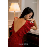 Pleated silk midi dress with ruffled sleeves and deep V-back for elegant evening wear